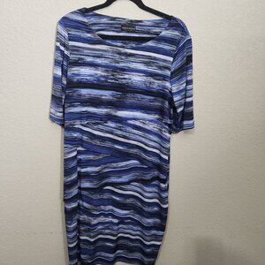 Connected Apparel Womens Blue & Black Striped Midi Dress Short Sleeve Stretchy F